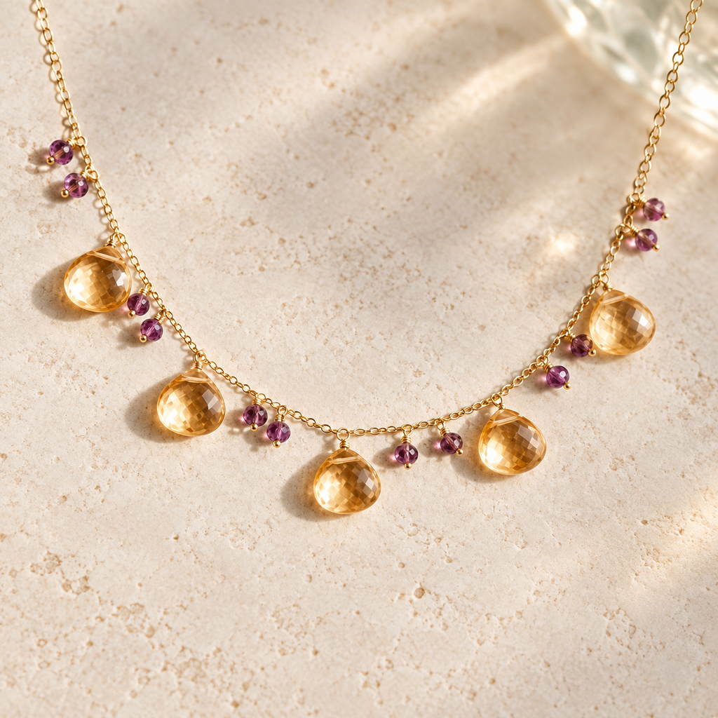 The Citrine Necklace with five golden faceted drops and purple bead accents on a fine gold chain. AI-styled closeup; original photographs remain in the gallery.