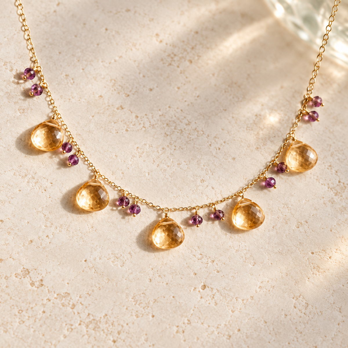 The Citrine Necklace with five golden faceted drops and purple bead accents on a fine gold chain. AI-styled closeup; original photographs remain in the gallery.