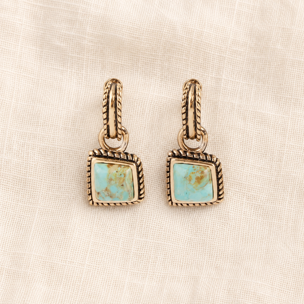 Square turquoise drops in rope-edged bronze settings