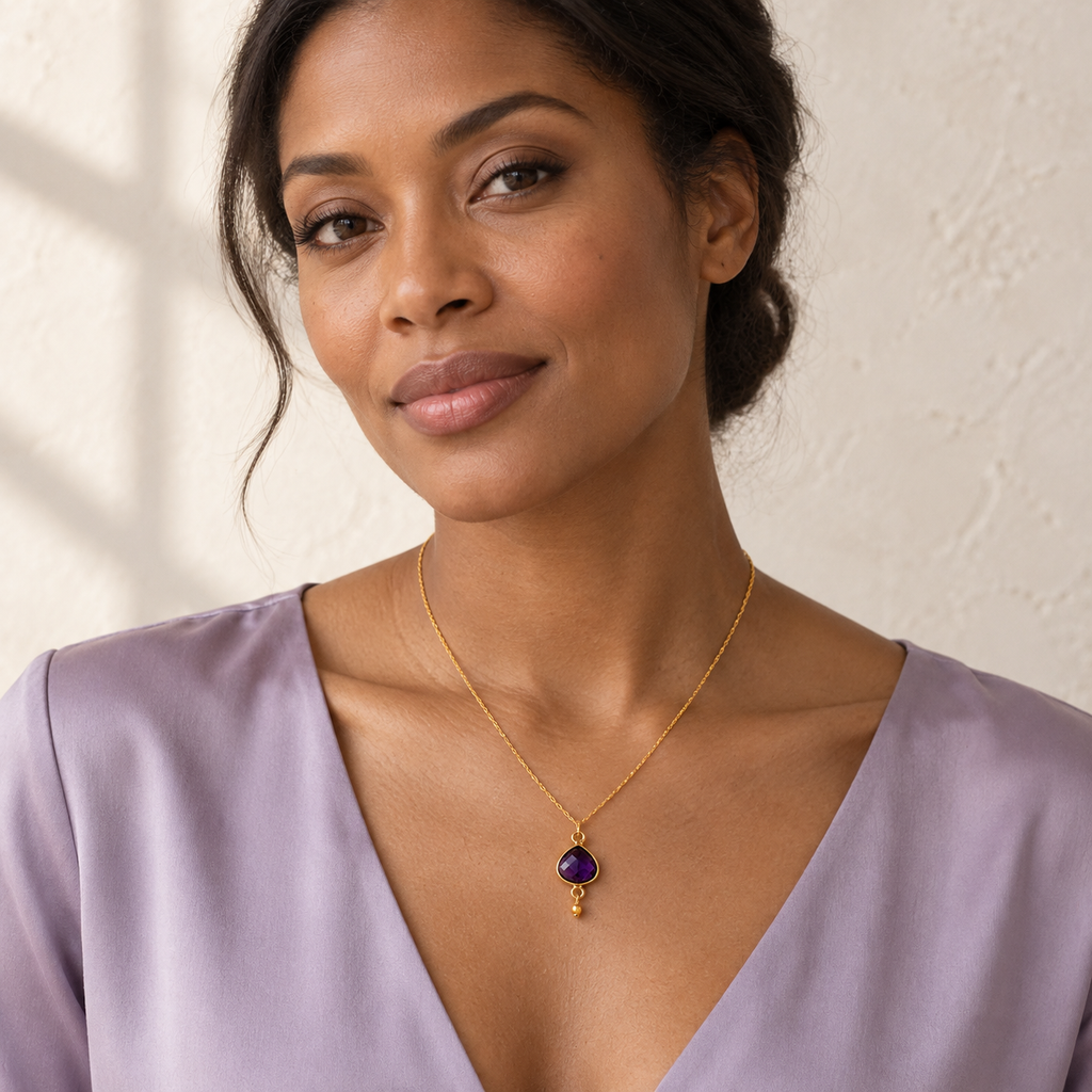 The Amethyst — styled on a model; AI-generated lifestyle image.