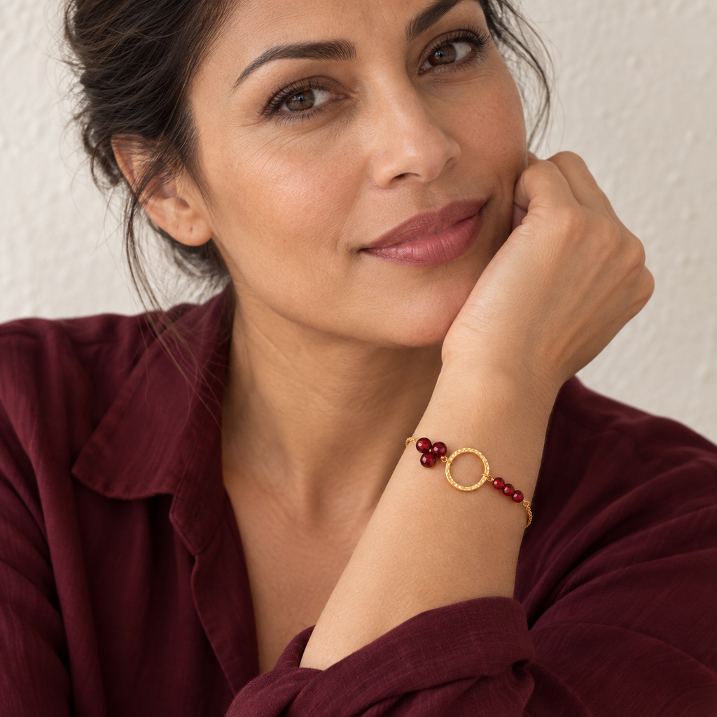 The Solara — Garnet styled on a model; AI-generated lifestyle image.