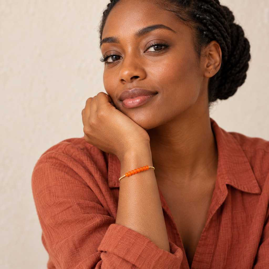 The Essential Bracelet — Carnelian styled on a model; AI-generated lifestyle image.