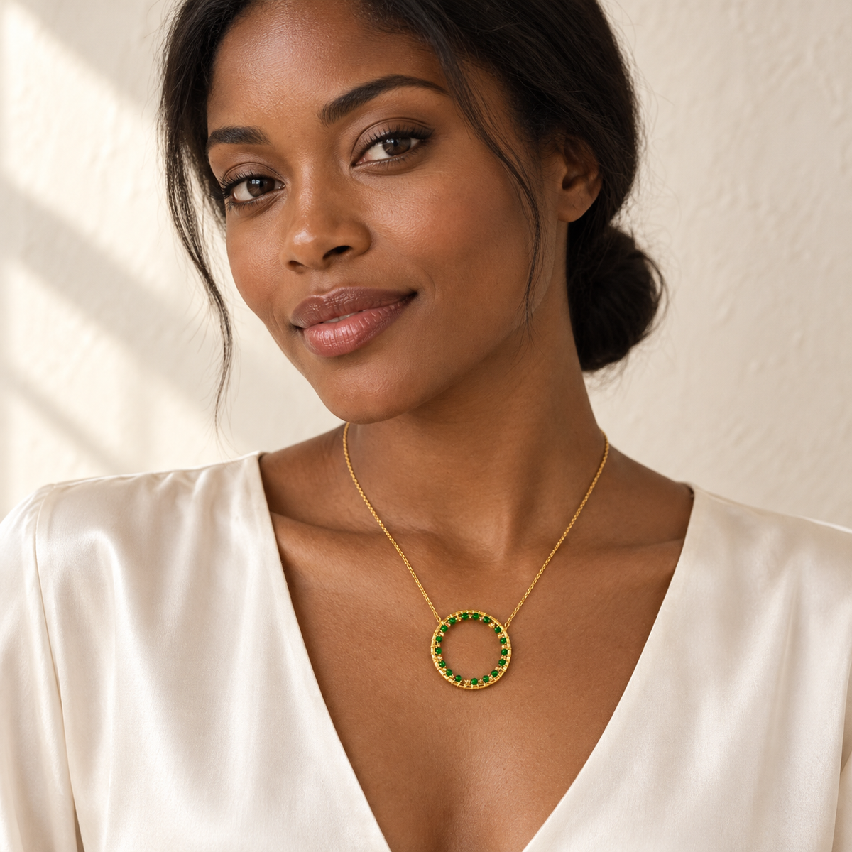 The Halo Necklace — styled on a model; AI-generated lifestyle image.