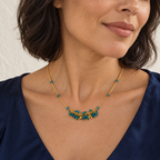 The Reign Necklace — London Blue Quartz / 14k Gold Plated Silver (Vermeil) styled on a model; AI-generated lifestyle image.