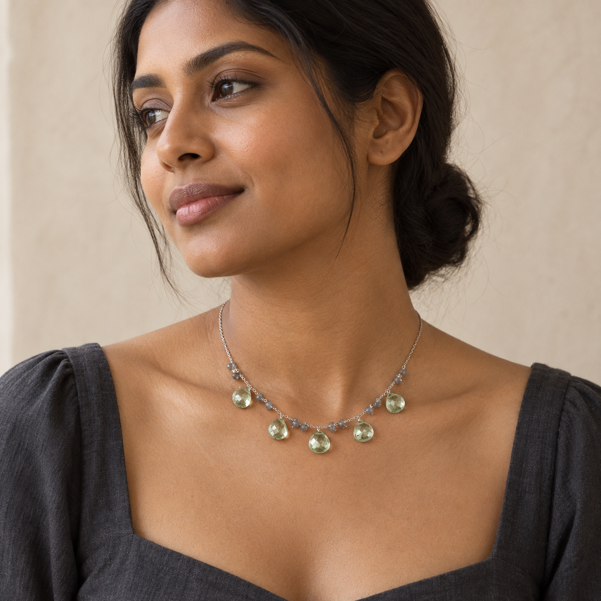 The Prasiolite Necklace worn by a model