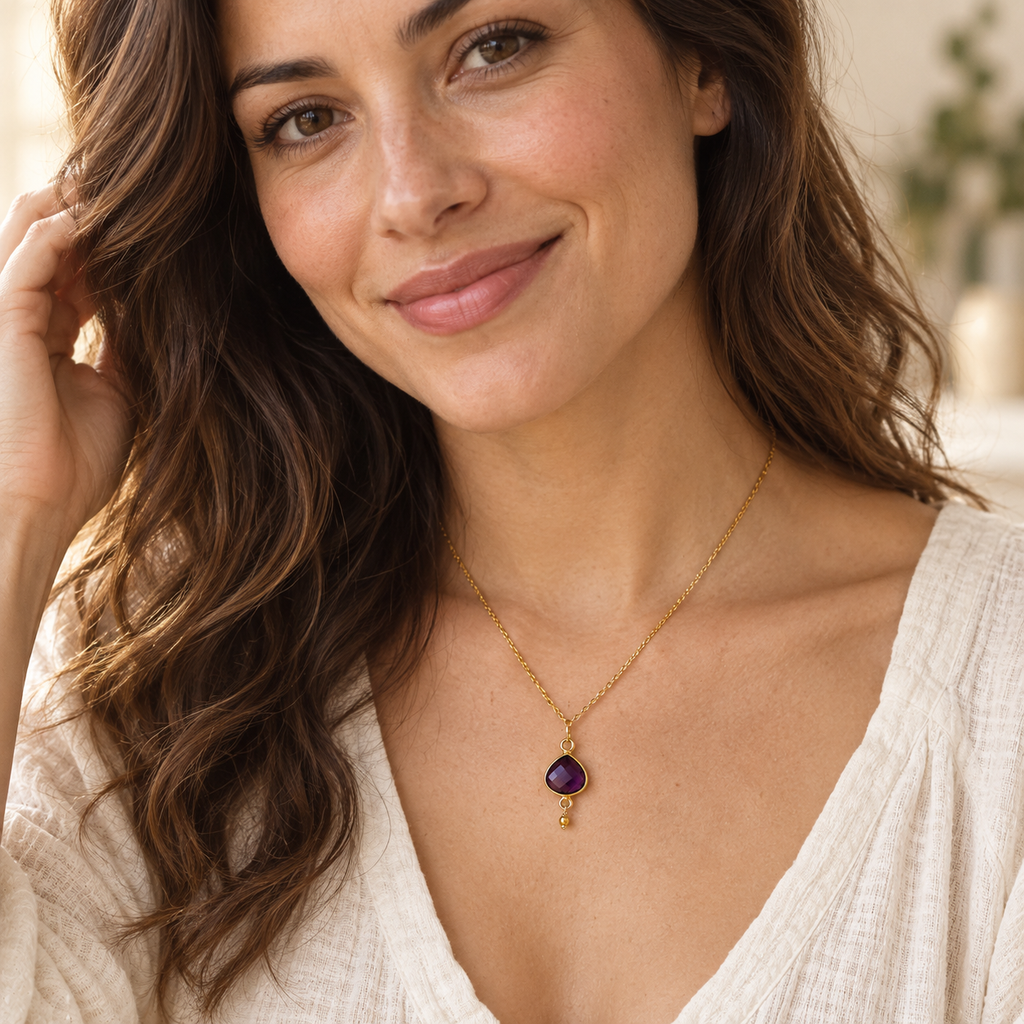 The Amethyst worn by a model — AI-styled lifestyle illustration; see original product photos for details.