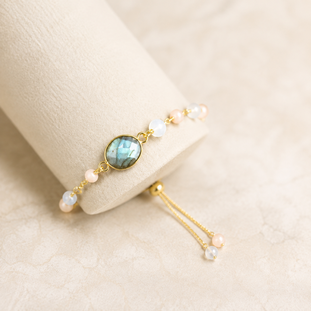 Labradorite, peach moonstone and opal quartz bracelet on a gold-plated silver chain