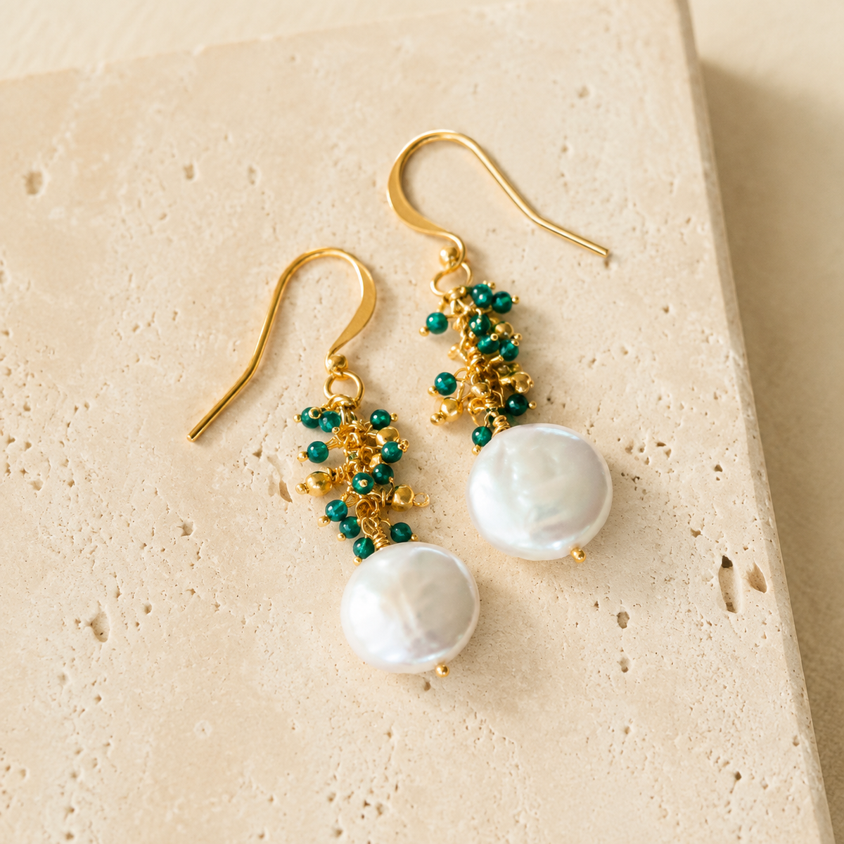 The Marea Drops in London Blue Quartz and gold-plated silver, with freshwater coin pearls and hand-wired gemstone clusters