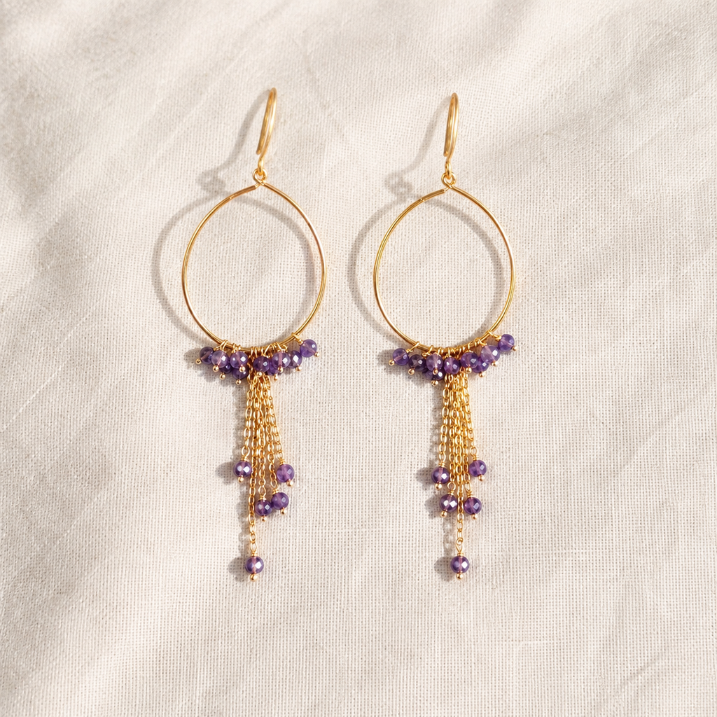 Teardrop gold-plated silver hoops with amethyst beads and fine chain tassels