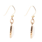Side view of The Nacre Drops showing the depth of the mother-of-pearl bezels, bronze links and hook ear wires.
