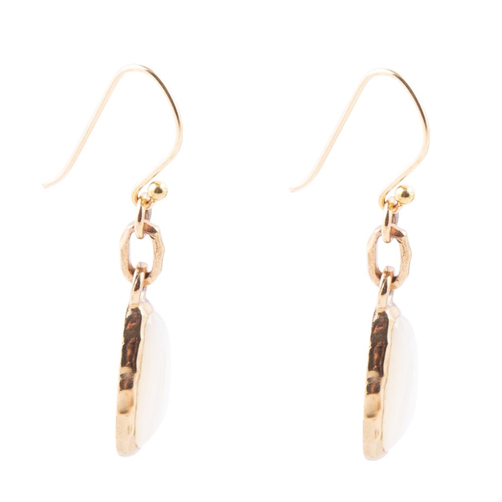 Side view of The Nacre Drops showing the depth of the mother-of-pearl bezels, bronze links and hook ear wires.